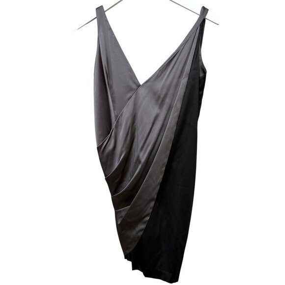 Foley Corinna Silk Mini Dress Black Gray Satin Lycra Evening Party Wear V-Neck S - Picture 2 of 10